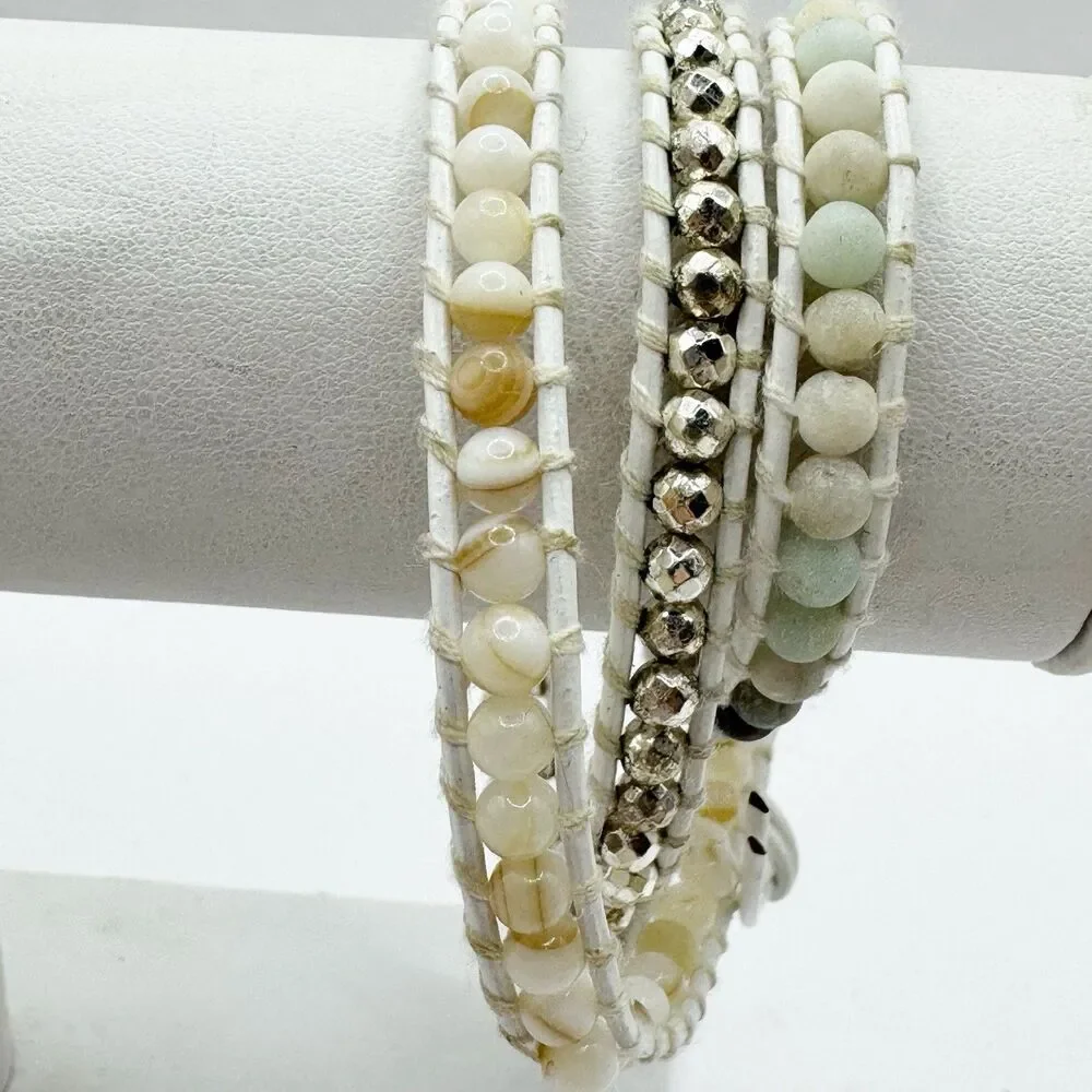 Victoria Emerson White Wrap Bracelet Muted Neutral Teal Stone And Silver Beads